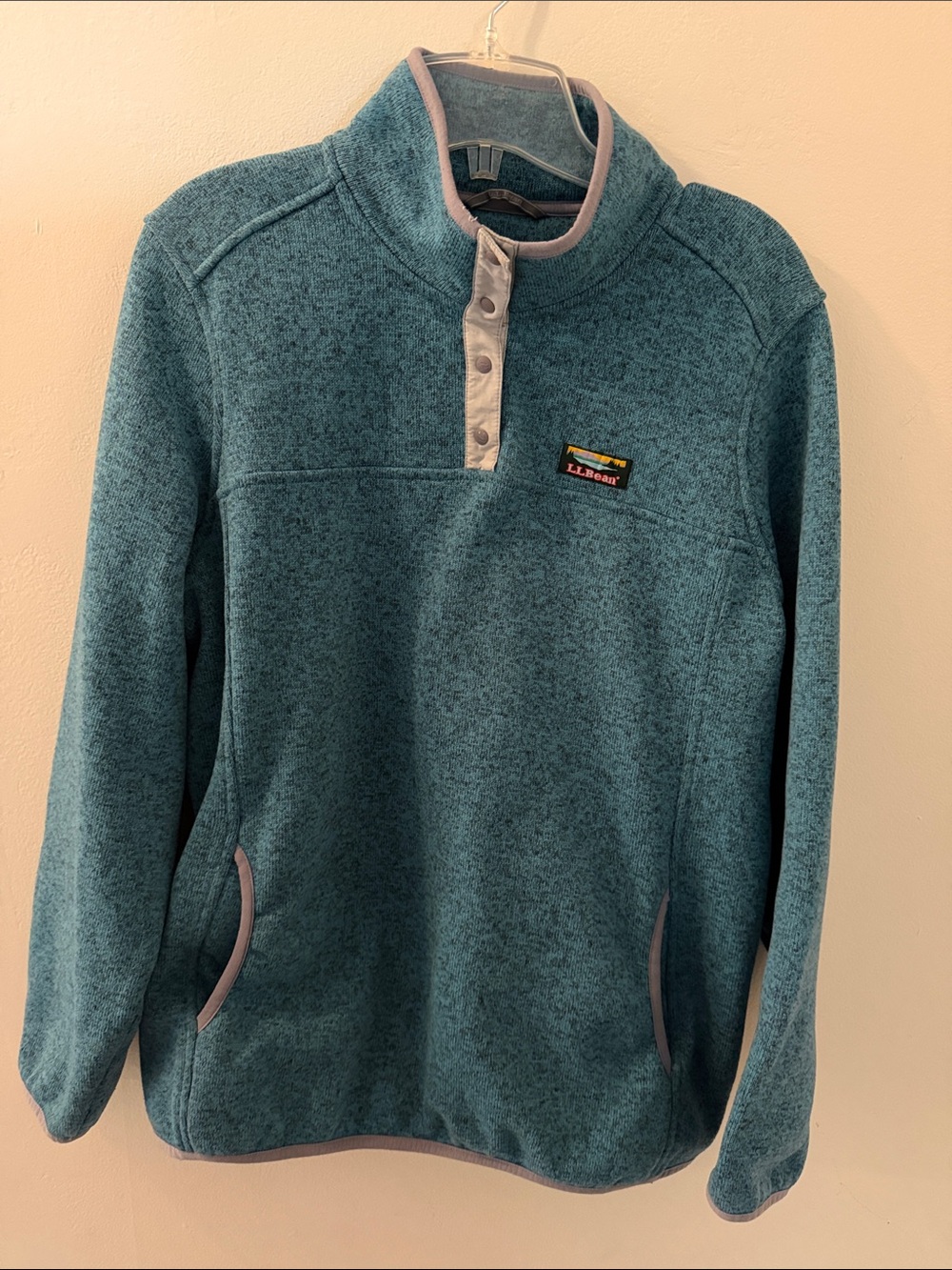 L.L. Bean Women’s Heather Teal Button Front Fleece with Gray Trim